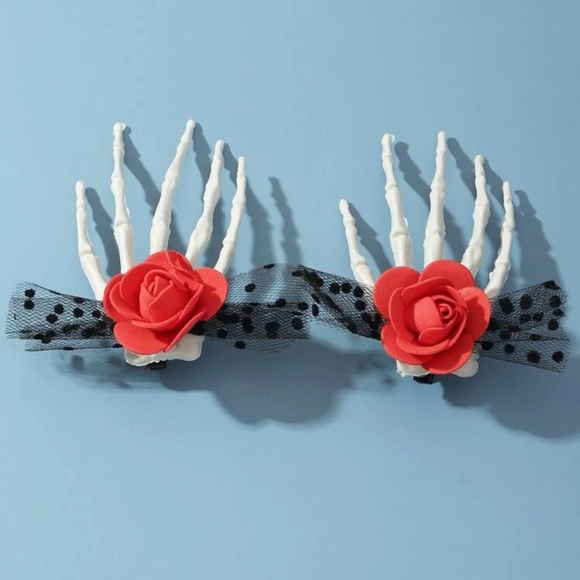 💀 Awesome Red Rose Ribbon Bow Skeleton Bone Band Hair Clips 💀 - Picture 2 of 4